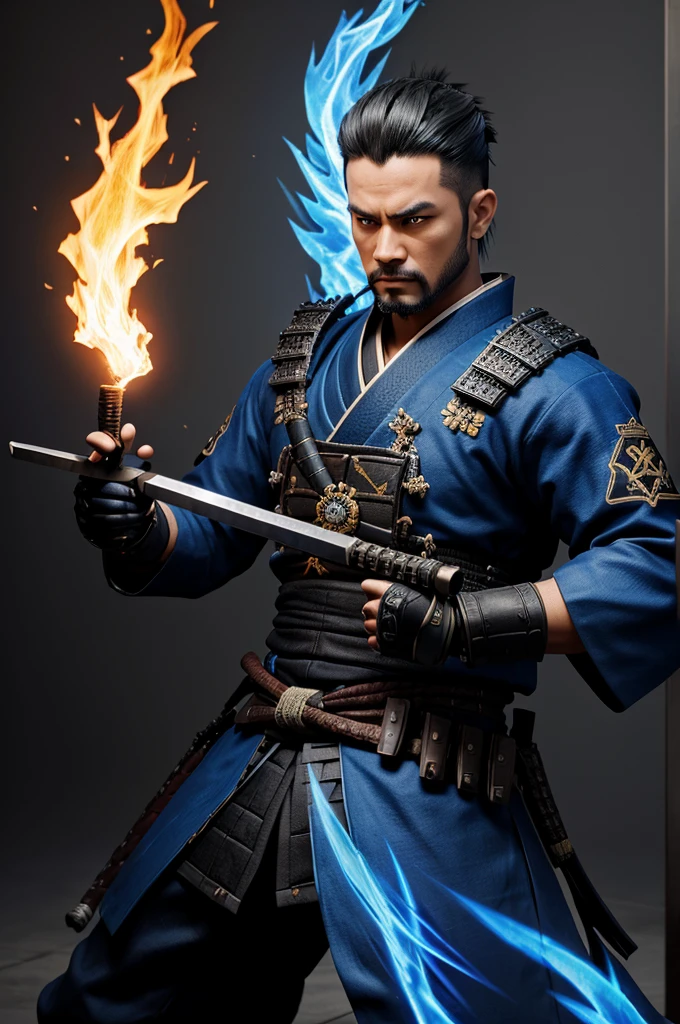 A background with (blue & black flames) , ( male 3d ) samurai  at standing and having a guns in hand name ( killtake22 ) as gaming logo