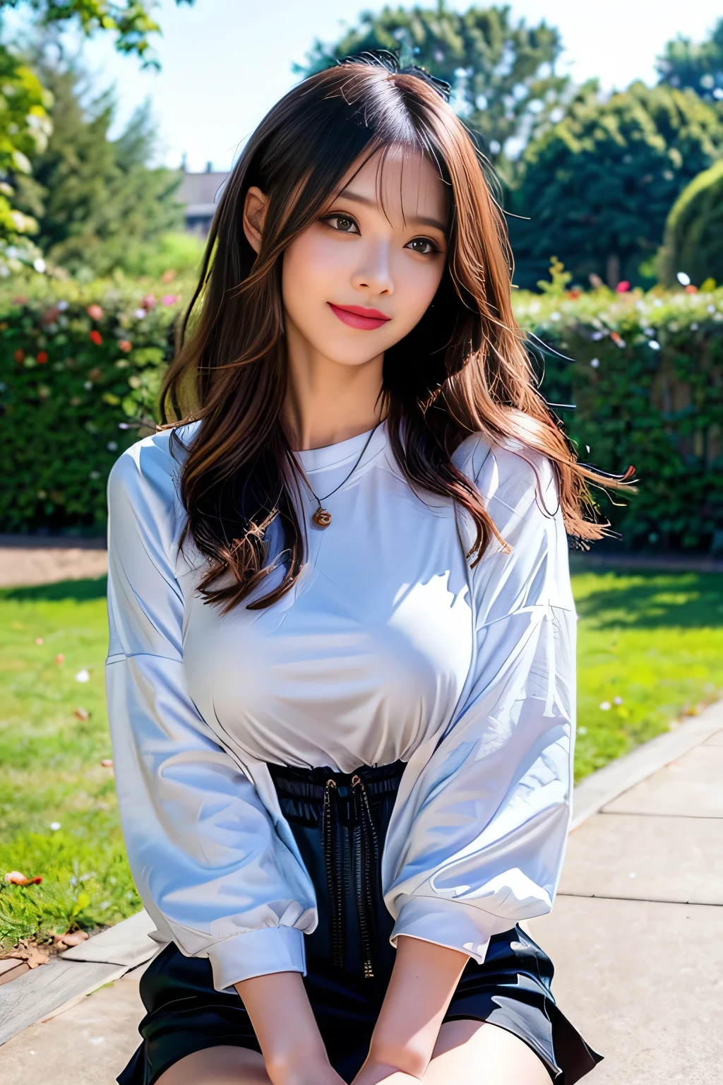 ((Full Body Angle))、((Front hair:1.2))、((Highest quality, 8K, masterpiece: 1.3)), concentrated: 1.2, Cute girl 1,Nipples erect、 Perfect beauty: 1.4,Cut and sewn T-shirt Raglan sleeve summer short sleeve T-shirt.Shorts: 1.2,Long sleeve、Randall Color、comics&Text Graphics、Black ruffle-trimmed drawstring zip blouse,1.1, Highly detailed face and skin textures, Fine grain, double eyelid, whitening skin, ,Highest quality,Ultra-high resolution,you,1 girl,alone,_Shiny_skin,Iris,necklace,((brown_length_Wavy_hair)),(lips)),eyelash,Front hair,deal with,compensate,Shiny,pore,skin,Large Breasts、smiling face、Walking in the park、walk、