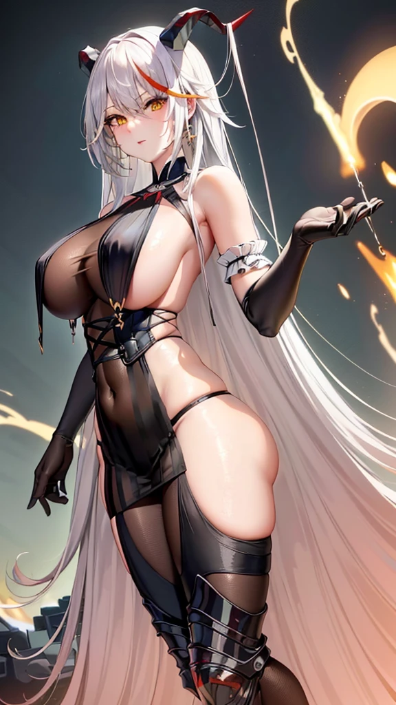 1girl, 8k, super detailliert, UHD, best quality, meisterwerk, ((hyperlargest_breasts!!!!!!!!!!, perfekte breasts, sideboob, riesen breasts, gigantische breasts, große breasts, mega breasts)), beautiful girl, 18 jahre alt, tsundere, sexy, cute , hot, (((wearing a black full body suit, hautenge kleidung, zeigt keine haut, big horns, leuchtende augen, orangene augen, schwarze haare, schlank, schmale beine, sportlich, demon))), ((aegis from azur lane, aegir aus azur lane, azur lane, anime character))), Full body image