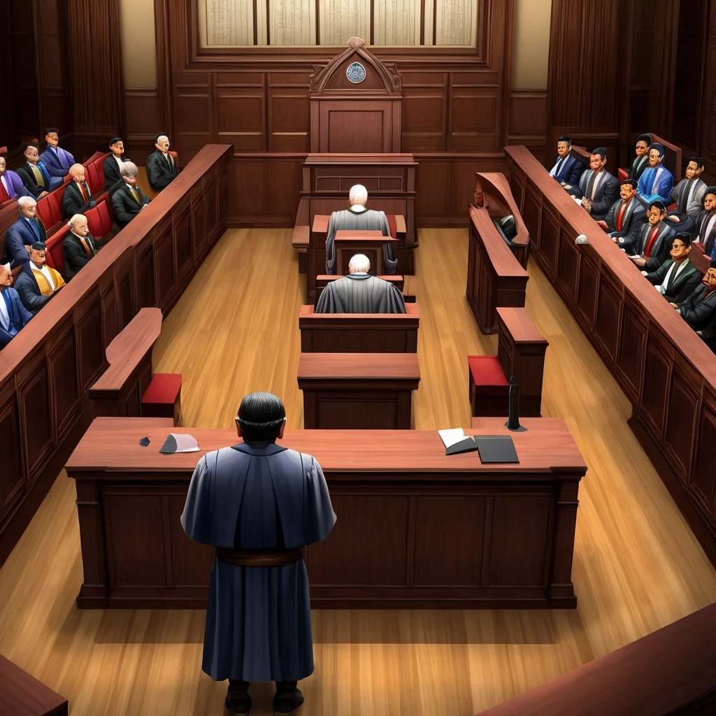 Create a 3D illustration painting depicting a courtroom scene where a person stands accused, uttering the phrase 'to judge that jaj Sahab vah main tha Jisne shikanji p'. Capture the tension and drama of the trial, emphasizing the defendant's assertion amidst the judicial scrutiny and audience reaction