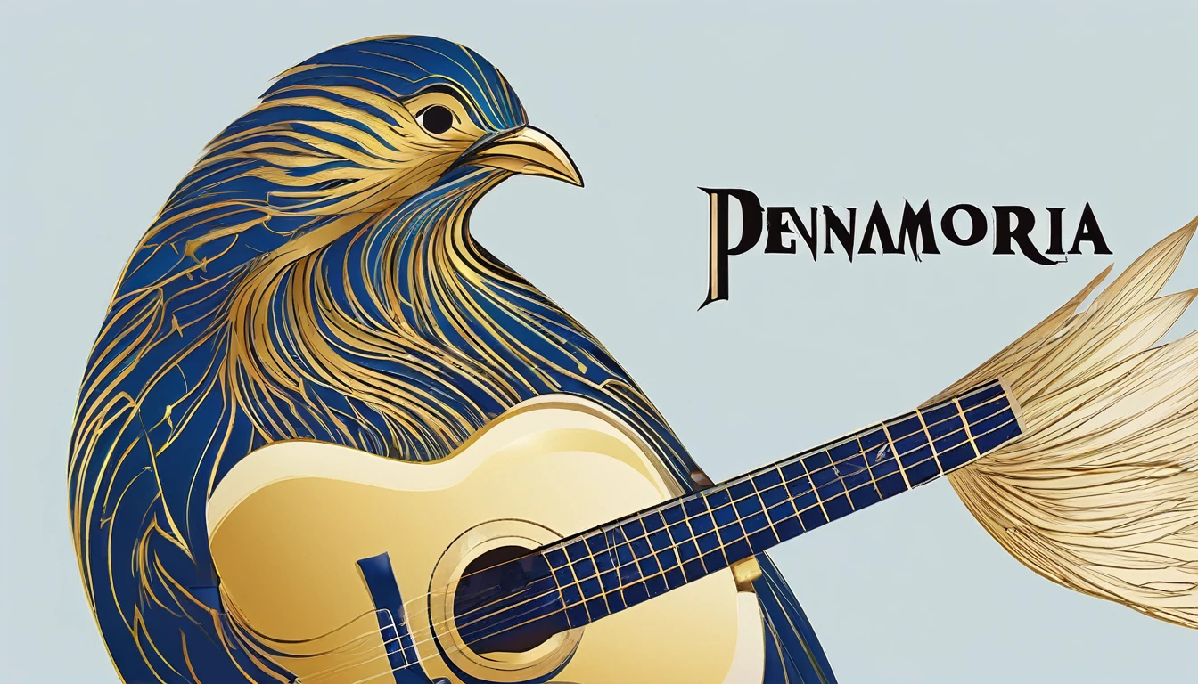Create a flat vector, illustrative-style wordmark logo design for a storytelling and musical brand named 'Penamemoria'. The 'P' in 'Penamemoria' is transformed into a stylized feather, suggesting the brand's inspiration from fantasy birds. Use shades of blue and gold, evoking the imaginary and golden memories against a white background. Do not show any realistic photo detail shading. Include a boy playing acoustic guitar