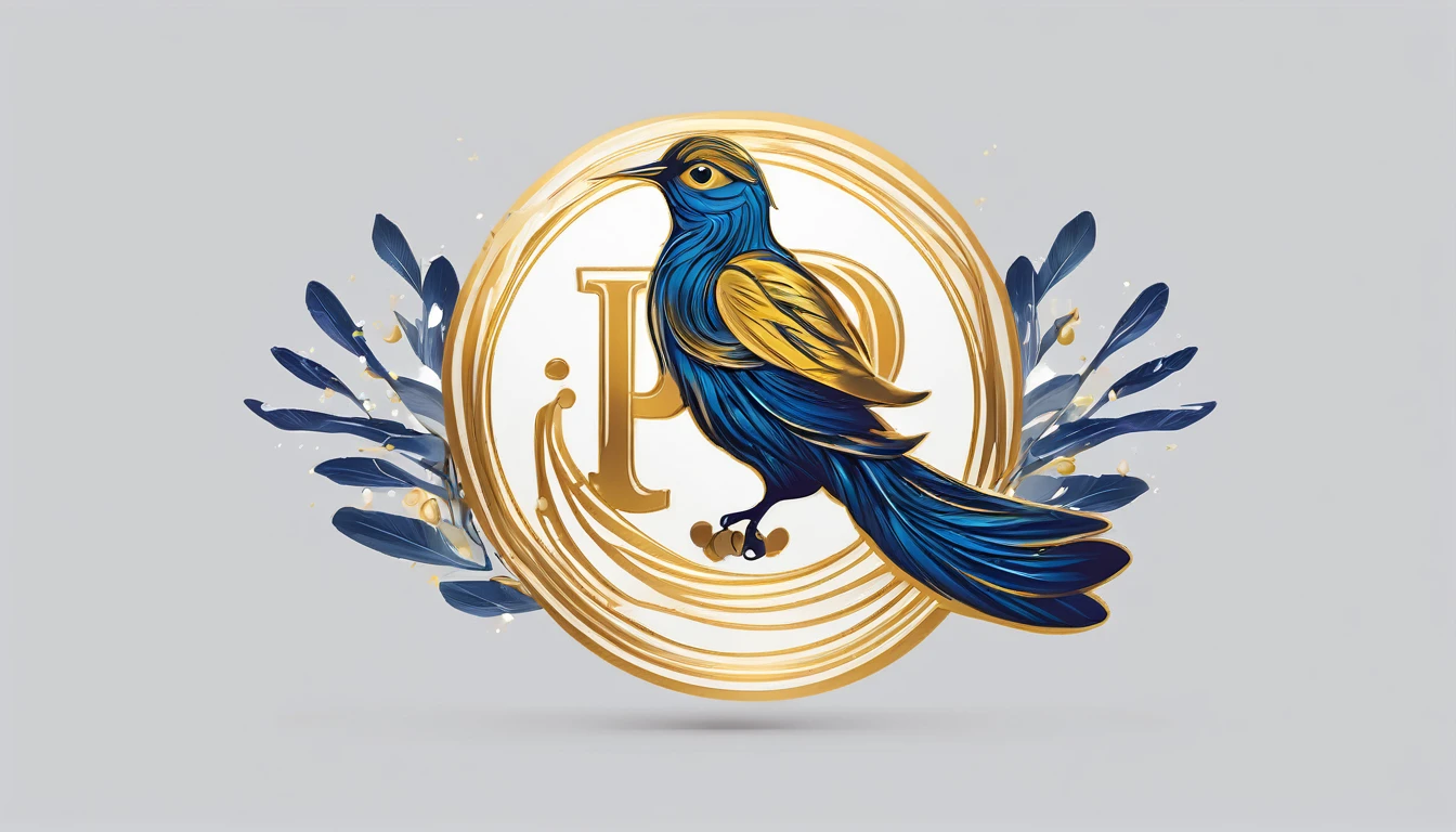 
Create a flat vector, illustrative-style wordmark logo design for a storytelling and musical brand named 'Penamemoria'. The 'P' in 'Penamemoria' is transformed into a stylized feather, suggesting the brand's inspiration from fantasy birds. Use shades of blue and gold, evoking the imaginary and golden memories against a white background. Do not show any realistic photo detail shading. Include a boy playing acoustic guitar