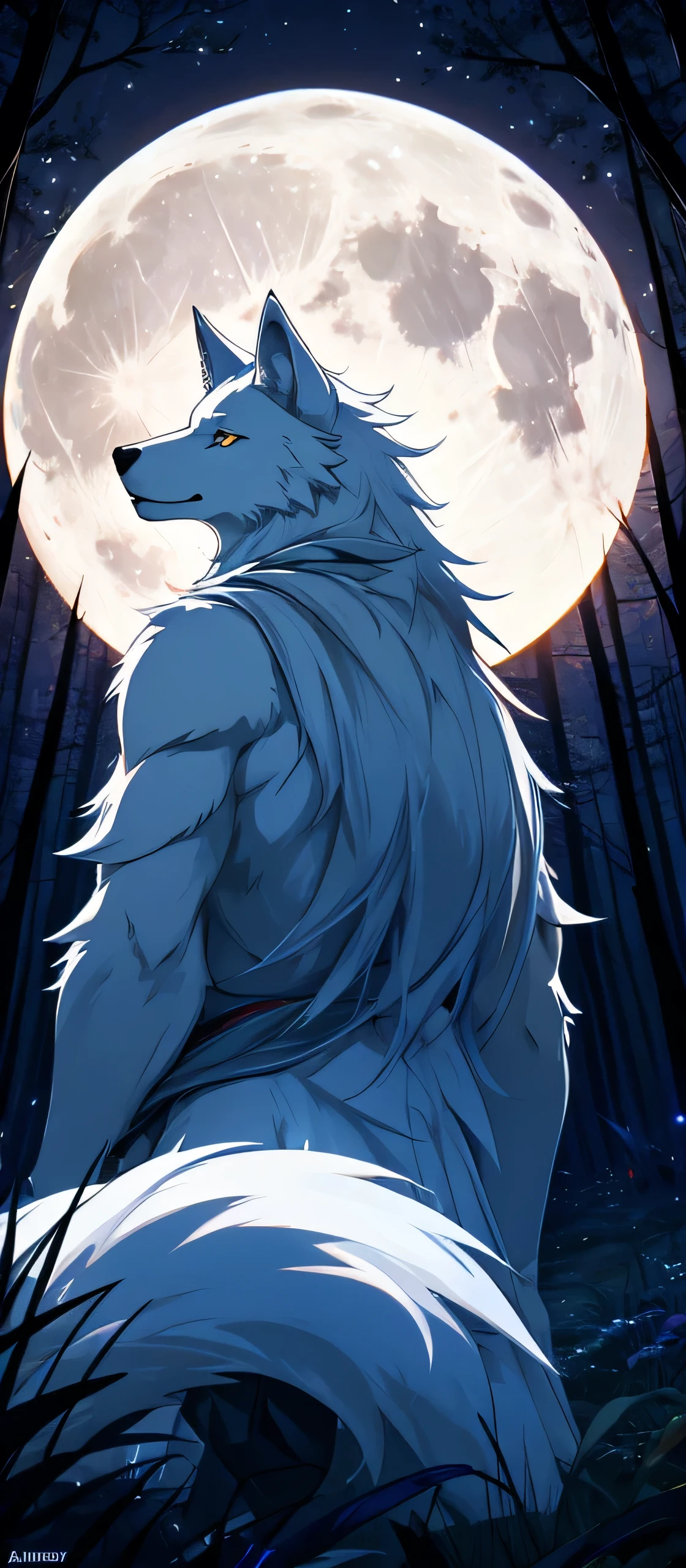 Midnight Forest　A white wolf, illuminated by the full moon from behind, stares at me with a sharp gaze.