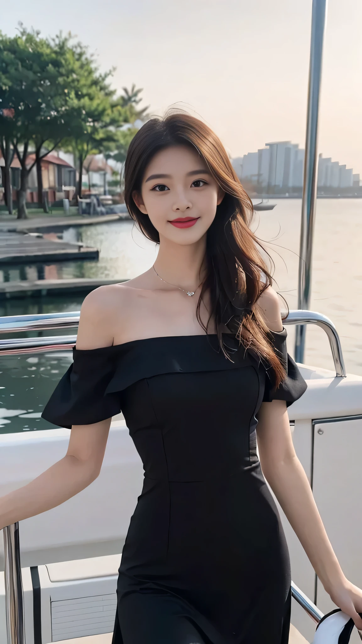 A woman in a black dress standing on a boat - SeaArt AI