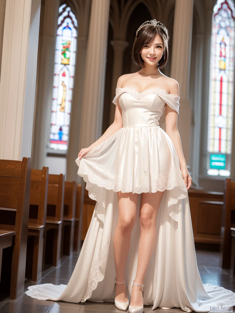 (Best quality: 1.5), (Realistic: 1.5), (1 person: 1.5), full body, Highly detailed, High resolution, 8k, Natural colored lips, Cute smile, Japanese woman, 20-year-old girl, beautiful and elegant features, perfect and beautiful face, large eyes with good balance between the left and right sides, brunette eyes, beautiful and elegant features, beautiful double eyelids, beautiful thin nose, beautiful skin, fair skin, (medium bob hair), (natural bangs), bob hair, perfect and beautiful face, slim face and figure, (looks at the camera with a sweet smile), Wearing a luxury bridal tiara, (wearing a white off-shoulder wedding dress), (sexy wedding dress), lace white gloves, bridal veil, (White color micro mini skirt dress), (stand with your legs apart:1.2), (skirtlift:1.2), Hold up the hem of your skirt with your hands, (Sexy Panties:1.2), Medium breasts, Beautiful standing posture, (Beautiful cleavage), There is a large beautiful stained glass window, Cathedral, (garter belt), (knee-length lace stockings with lace), large stained glass, Medieval Cathedral,