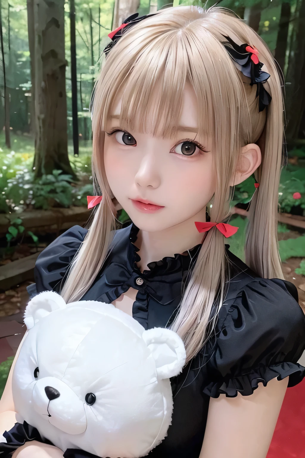 8k、Highest quality、masterpiece、(head shot:1.35)、1 Pretty Woman、Baby Face、round face、Idol face、(Flat Chest、slim、Flat Body:1.23)、(Platinum Hair、Twin tails:1.2)、(Black frilly princess dress:1.2)、Holding a stuffed teddy bear、Woman in the Forest、(Red ribbon hair clip:1.2)