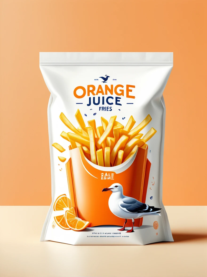 Design a modern Seagull and French Fries packaging, Focus on flat illustration of seagull and french fries,Highlight its rich nutritional content. The background should be clean and white, Emphasis on simple and practical aesthetics. The packaging should be visualized as a smooth plastic bag, Pursuit of high definition. The design should be simple and practical, Shoot in natural light,To enhance its professionalism and attractiveness, Highlighting the freshness and health benefits of orange juice.