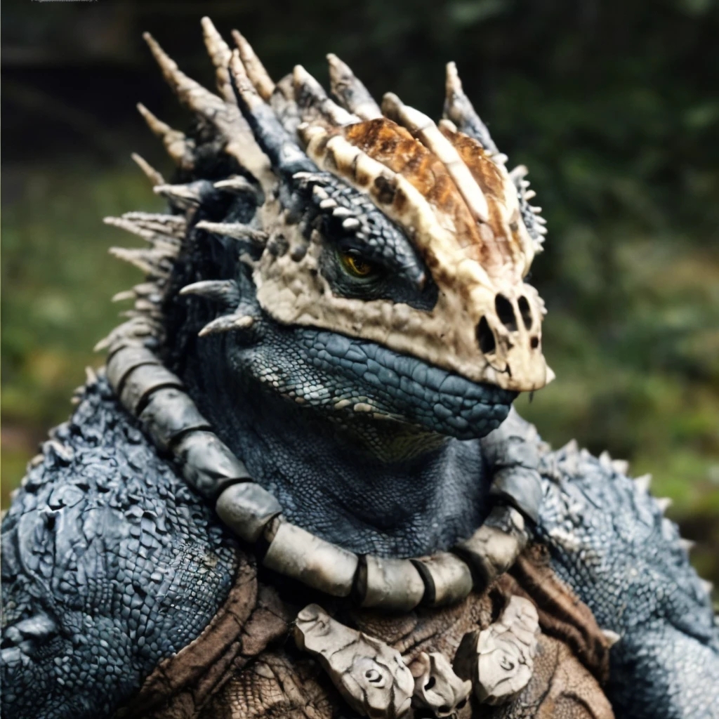 (masterpiece)+, (extremely (realistic)+,a portrait of a extremely ugly male lizardfolk tribal champion, Massive, muscular, scale covered skin, Tribal necklace and armor made out of bone, Blue-tinted scales. Menacing stare. Looking at camera. volumetrics dtx, Photorealistic, ultra detailed, Artstation trending, very very detailed, realistic shaded lighting, dynamic shadows, detailed Swamp background, upper body, professional photograph of a detailed skin, sharp focus, dramatic, award winning, cinematic lighting, octane render, unreal engine, volumetrics dtx, Photorealistic, ultra detailed, Artstation trending, very very detailed, hyperrealistic, fine details, realistic shaded lighting, dynamic shadows, Swamp background, add_detail:1, skin pores and wrinkles, details.,