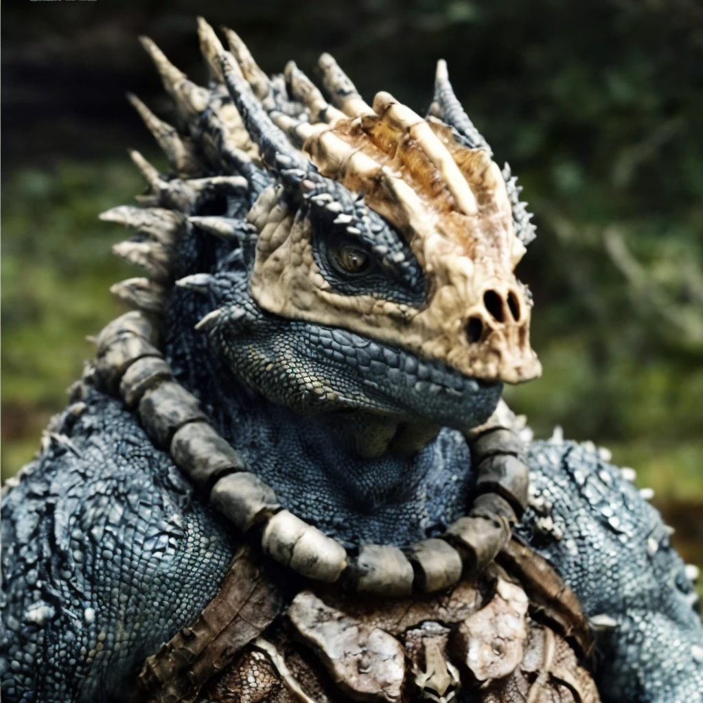 (masterpiece)+, (extremely (realistic)+,a portrait of a extremely ugly male lizardfolk tribal champion, Massive, muscular, scale covered skin, Tribal necklace and armor made out of bone, Blue-tinted scales. Menacing stare. Looking at camera. volumetrics dtx, Photorealistic, ultra detailed, Artstation trending, very very detailed, realistic shaded lighting, dynamic shadows, detailed Swamp background, upper body, professional photograph of a detailed skin, sharp focus, dramatic, award winning, cinematic lighting, octane render, unreal engine, volumetrics dtx, Photorealistic, ultra detailed, Artstation trending, very very detailed, hyperrealistic, fine details, realistic shaded lighting, dynamic shadows, Swamp background, add_detail:1, skin pores and wrinkles, details.,