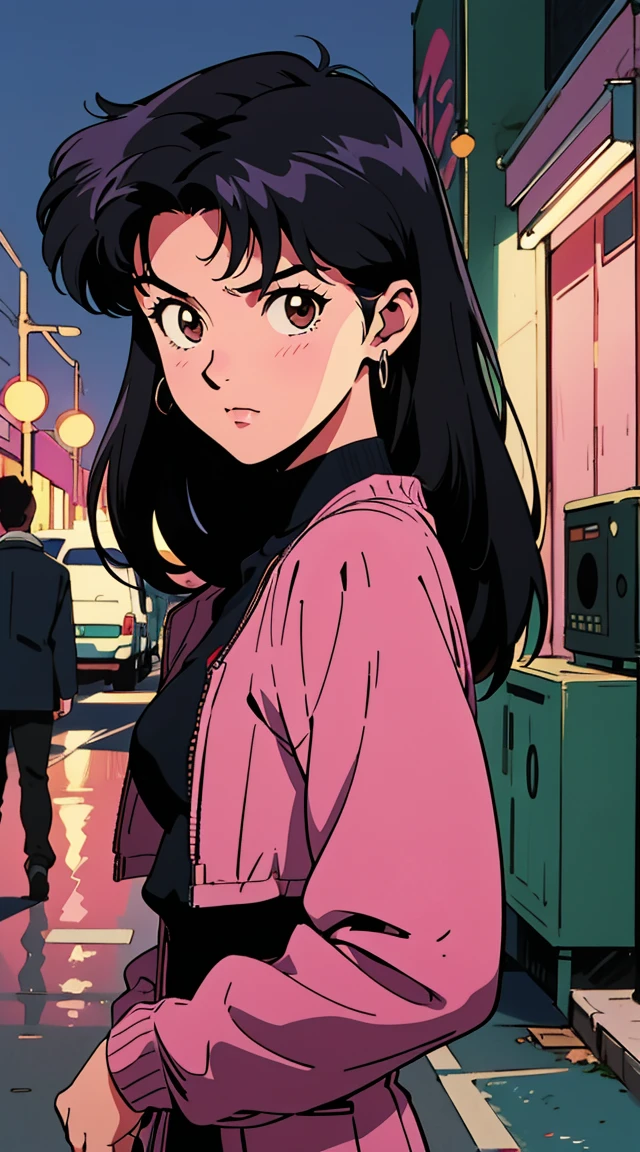 Highest image quality, 90s style anime, 24 year old girl, Misato Katsuragi Style, black hair, shoulder-length hair, brown eyes, with a pink suit, night street, 90s street