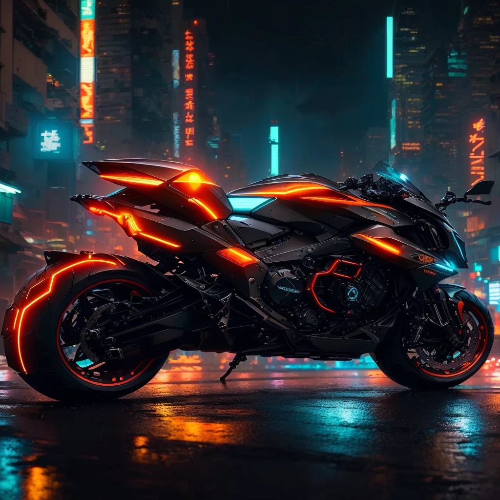 arafed motocicleta parked in the rain in a city at night, sentado na moto cyberpunk, suzuki futurista, orange and cyan lighting, cyberpunk lighting, motocicleta, estilo de arte cyberpunk, brilho cyberpunk brilhante, futuristic motocicleta, Neon cyber lighting, cyberpunk 8k, cyber neon lights, estilo cyberpunk hiper-realista, cyberpunk with neon lighting, Estilo cyberpunk neon