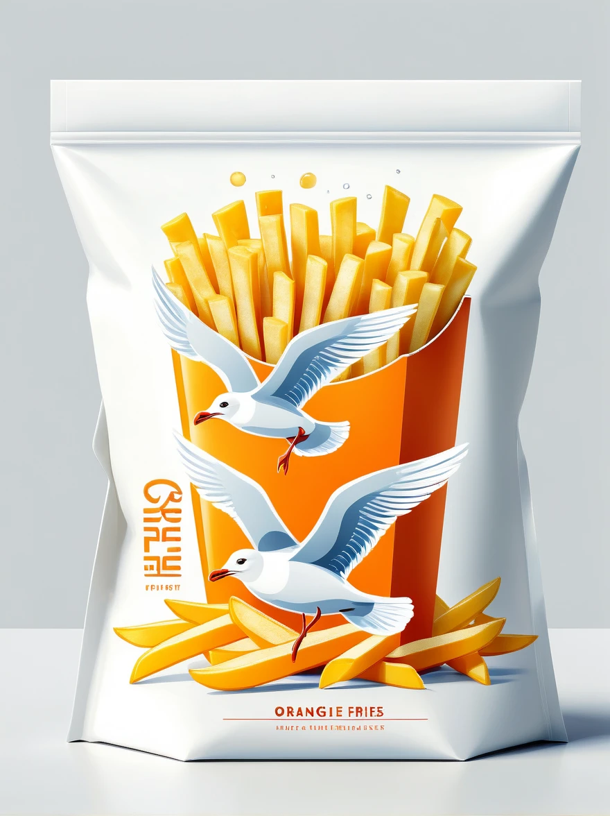 Design a modern Seagull and French Fries packaging, Focus on flat illustration of seagull and french fries,Highlight its rich nutritional content. The background should be clean and white, Emphasis on simple and practical aesthetics. The packaging should be visualized as a smooth plastic bag, Pursuit of high definition. The design should be simple and practical, Shoot in natural light,To enhance its professionalism and attractiveness, Highlighting the freshness and health benefits of orange juice.