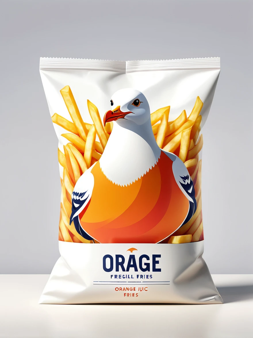 Design a modern Seagull and French Fries packaging, Focus on flat illustration of seagull and french fries,Highlight its rich nutritional content. The background should be clean and white, Emphasis on simple and practical aesthetics. The packaging should be visualized as a smooth plastic bag, Pursuit of high definition. The design should be simple and practical, Shoot in natural light,To enhance its professionalism and attractiveness, Highlighting the freshness and health benefits of orange juice.