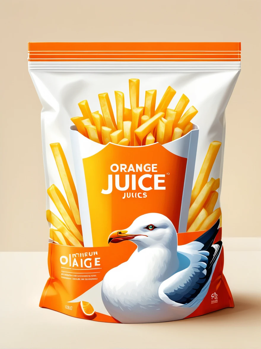 Design a modern Seagull and French Fries packaging, Focus on flat illustration of seagull and french fries，Highlight its rich nutritional content. The background should be clean and white, Emphasis on simple and practical aesthetics. The packaging should be visualized as a smooth plastic bag, Pursuit of high definition. The design should be simple and practical, Shoot in natural light，To enhance its professionalism and attractiveness, Highlighting the freshness and health benefits of orange juice.