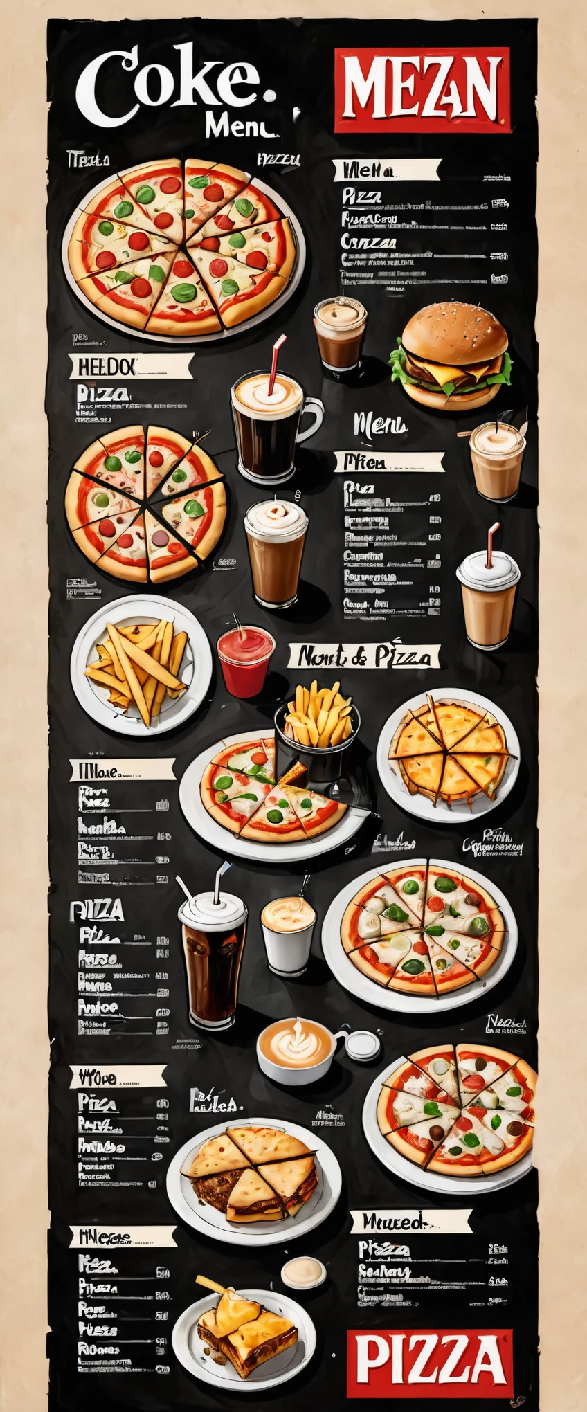 illustration of a restaurant menu, first picture: in the middle the word "menu" in big letters, in the corners of the picture burger, pizza, cappuccino, carbonated drink, hot dock, closed pizza,
second picture of the menu: dishes are arranged in staggered order: assorted pizzas, their names and prices, French fries, nuggets and prices, sodas (coke).