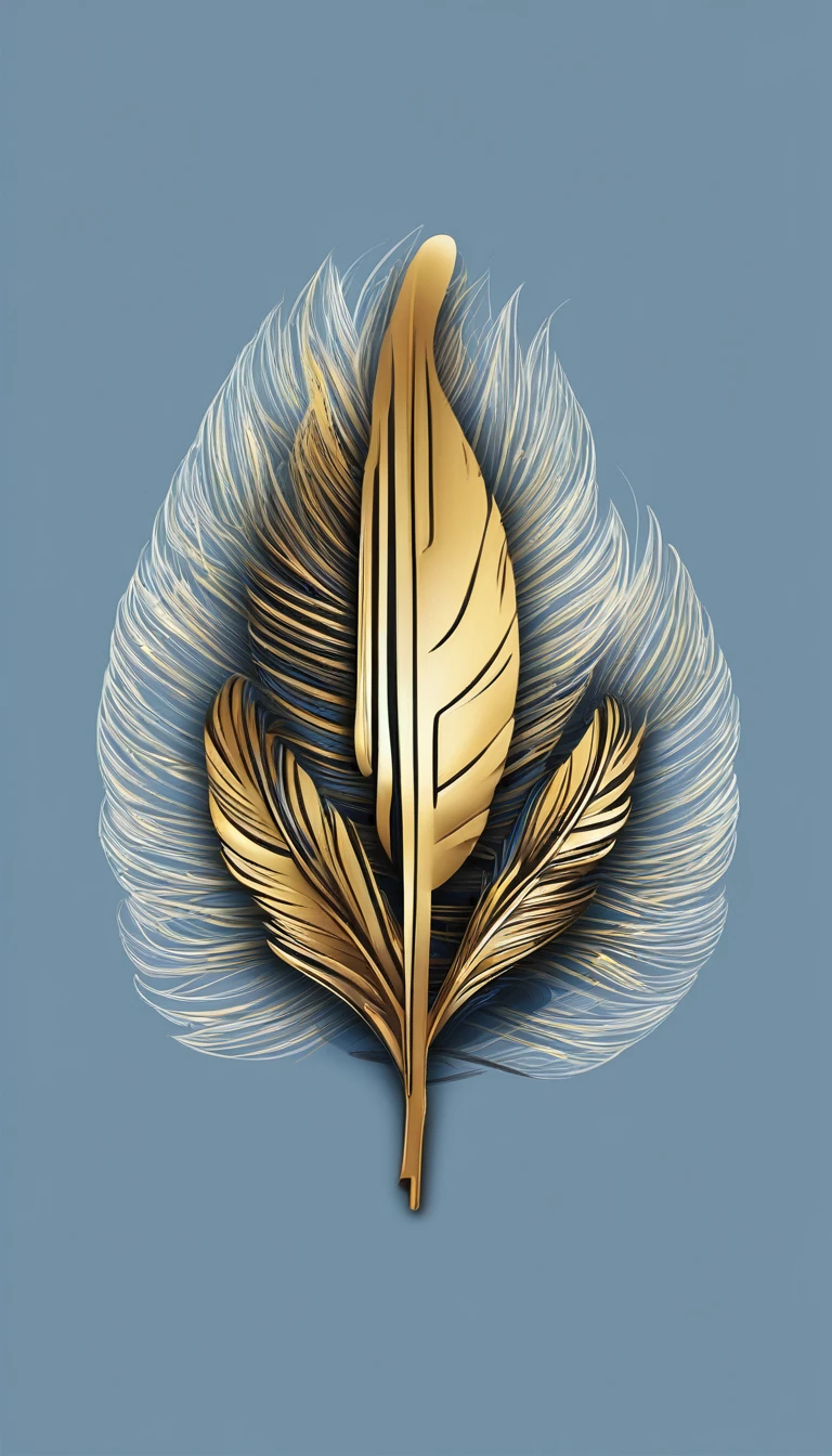 Create a flat vector, illustrative-style wordmark logo design for a storytelling and musical brand named 'Penamemoria'. The 'P' in 'Penamemoria' is transformed into a stylized feather, suggesting the brand's inspiration from fantasy birds. Use shades of blue, white and gold, evoking the imaginary and golden memories against a white background. Do not show any realistic photo detail shading. Include a boy playing acoustic guitar and a unique feather in his head