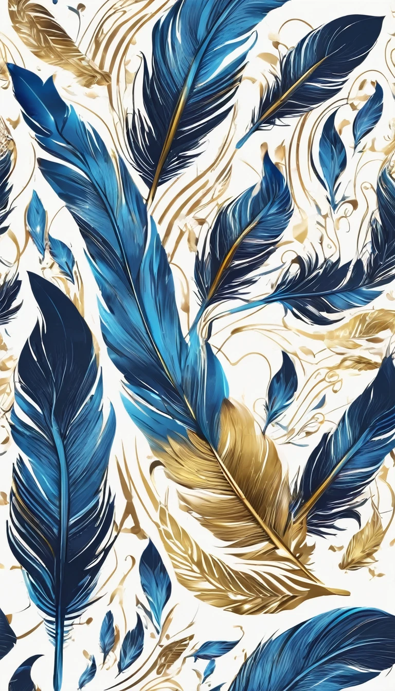 Create a flat vector, illustrative-style wordmark logo design for a storytelling and musical brand named 'Penamemoria'. The 'P' in 'Penamemoria' is transformed into a stylized feather, suggesting the brand's inspiration from fantasy birds. Use shades of blue, white and gold, evoking the imaginary and golden memories against a white background. Do not show any realistic photo detail shading. Include a boy playing acoustic guitar and a unique feather in his head