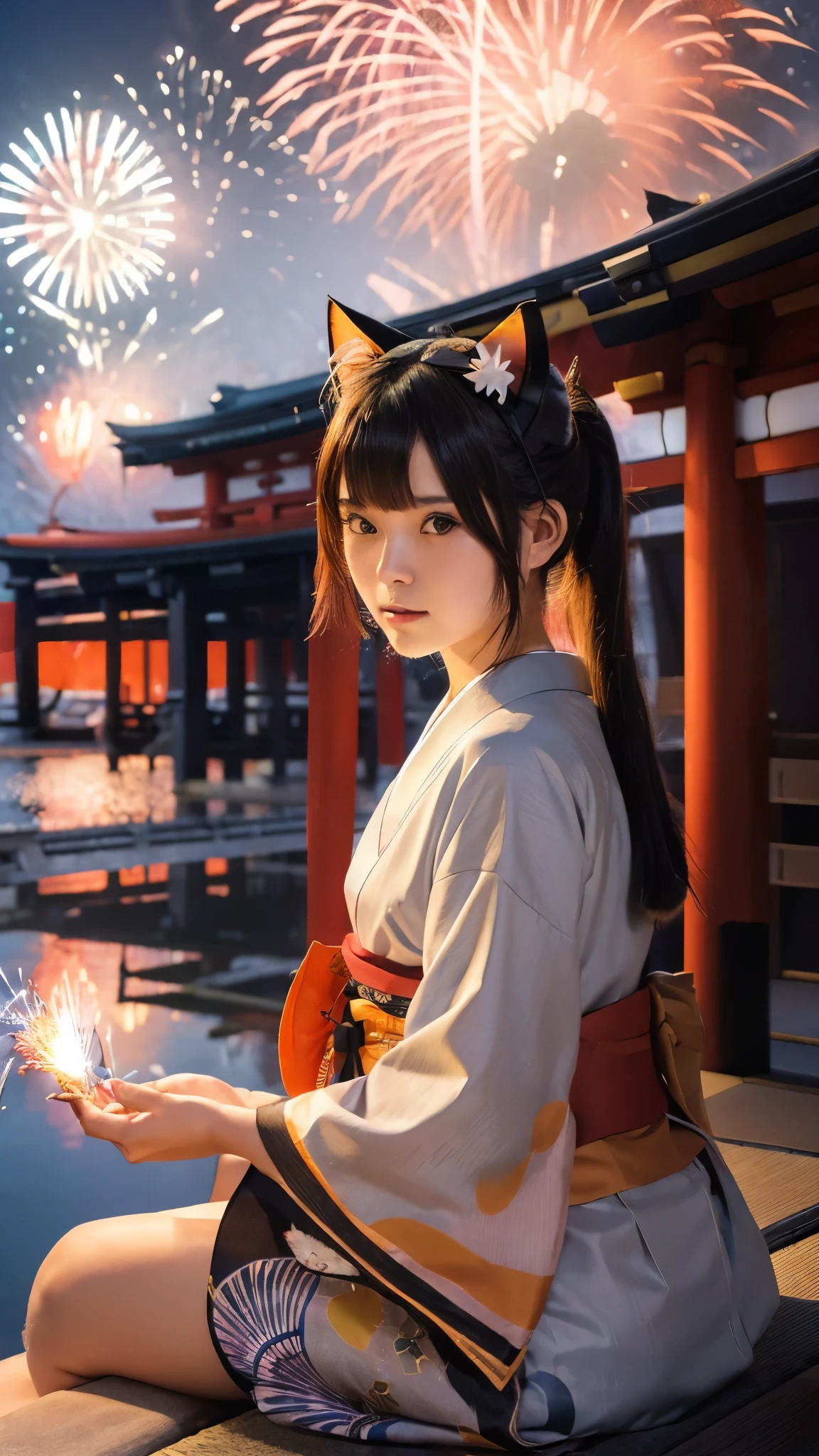 (Japanese idle:1.6), (Cat ears:1.3), yukata, (Fireworks:1.4), Sitting in sunset seashore,