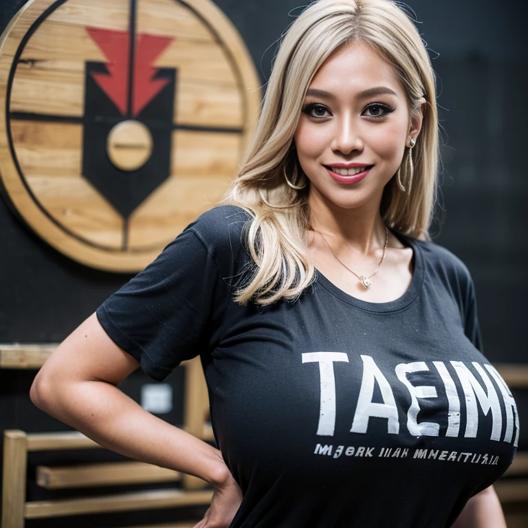 (Extreme Wide Shot:1.5),(dystopian towns:1.3),(Japanese woman),(huge breasts:1.5),(slim body:1.3),(T-shirt:1.2),(dark skin:1.4),(smile:1.3),(heavy makeup:1.3), necklace,Earrings,(blonde hair:1.3),highest quality,(((masterpiece))),8k,(((Photorealistic))),