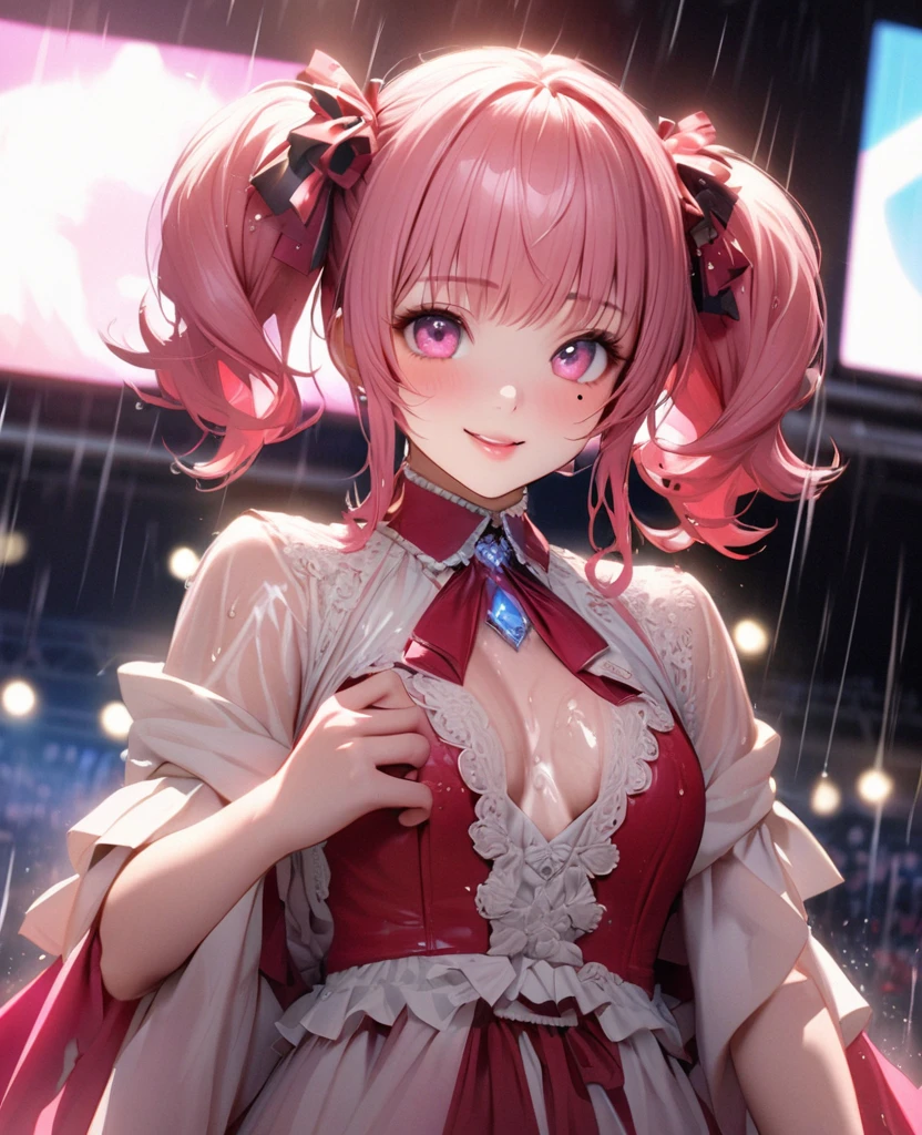 One Girl、Looking at the audience、lovely,
Beautiful pink eyes、short twin tail hair , Mole under the eye、Plump and glossy lips、Heart-shaped choca、Idol、Her name is Rico,smile、ー、。.。.。.。.。.。.。.。.。.。.。.。.。.。.。.。.。.。.3D、Realistic、
The idol's costume was soaked in the heavy rain, and her chest was wet and transparent.Heavy rain at outdoor concert, Drape clothes、gem、The decoration has been removed、Floral、Lace trim,On a glittering stage、
masterpiece、highest quality、8k、Detailed skin texture、Detailed cloth texture、Beautifully detailed face、Intricate details、Very detailed、
超A high resolution、8k Ultra HD、Film Grain、Best Shadow、delicate、Gazing at the audience、front