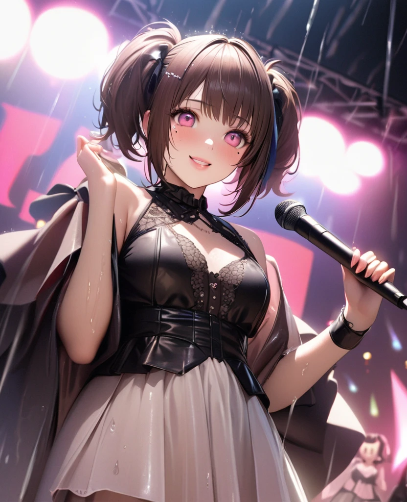 One Girl、Looking at the audience、lovely,
Beautiful pink eyes、short twin tail hair , Mole under the eye、Plump and glossy lips、Heart-shaped choca、Idol、Her name is Rico,smile、ー、。.。.。.。.。.。.。.。.。.。.。.。.。.。.。.。.。.。.3D、Realistic、
The idol's costume was soaked in the heavy rain, and her chest was wet and transparent.Heavy rain at outdoor concert, Drape clothes、gem、The decoration has been removed、Floral、Lace trim,On a glittering stage、
masterpiece、highest quality、8k、Detailed skin texture、Detailed cloth texture、Beautifully detailed face、Intricate details、Very detailed、
超A high resolution、8k Ultra HD、Film Grain、Best Shadow、delicate、Gazing at the audience、front