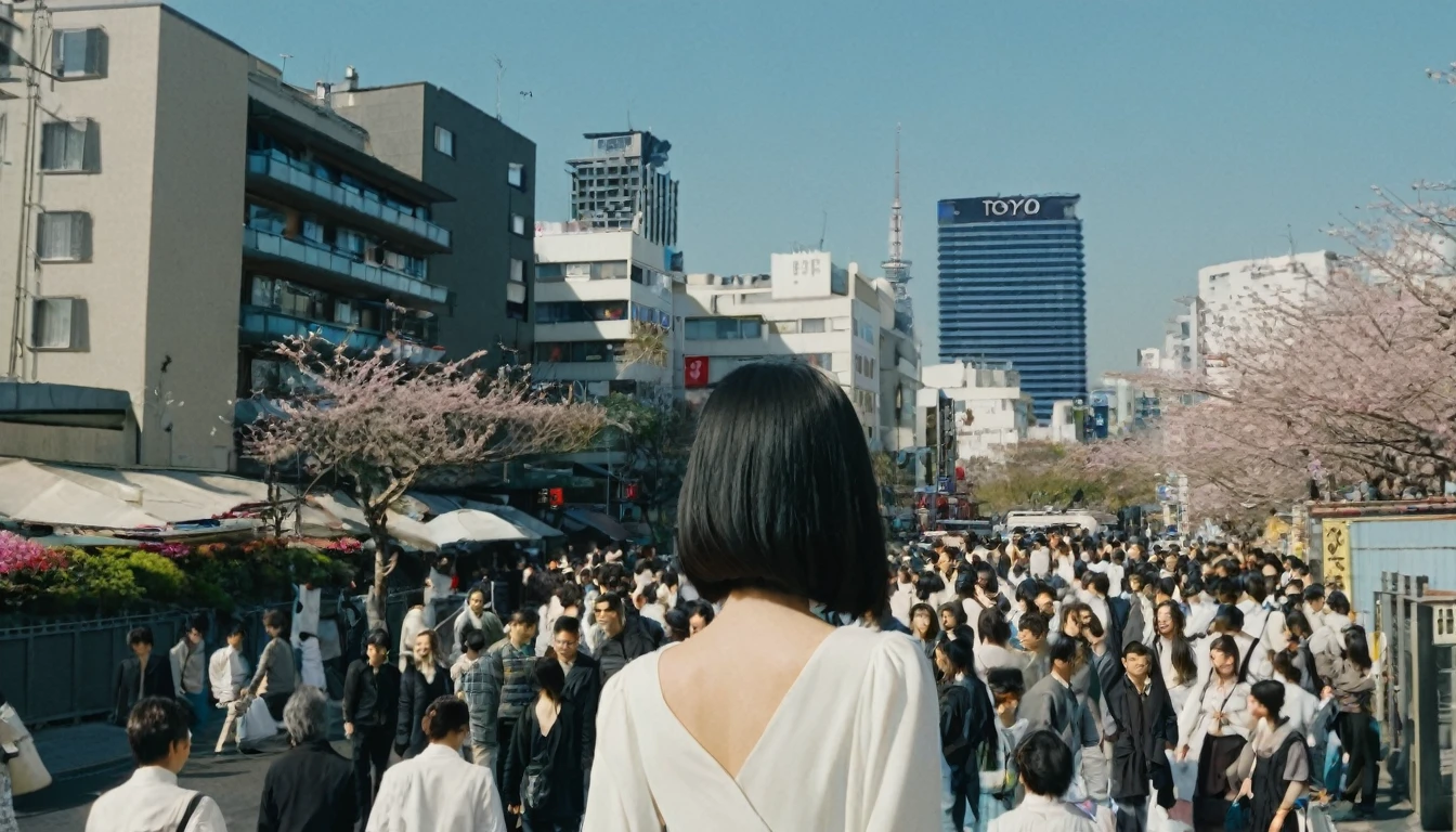 a girl, 17yo, (from back), wide shot, black hair, bunches hair, looking ahead, white dress, long sleeves, walking Tokyo city road, buildings, crowd of people, blue sky, bloom, glowing, 