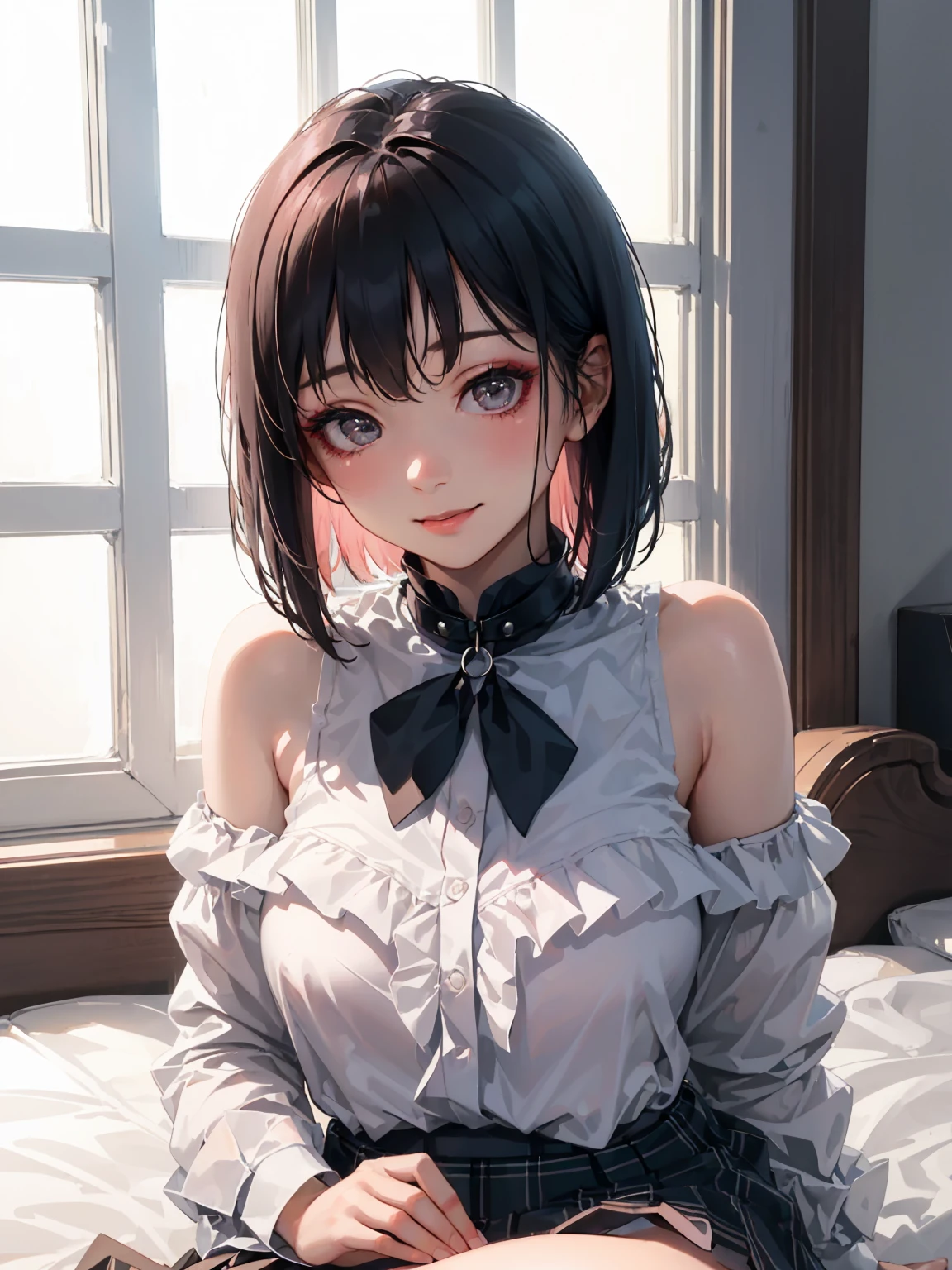(8k, RAW photo, best quality, master:1.2), (realistic, photo-realistic:1.37), ultra detailed, 1 girl, cute, solo, beautiful detailed sky, detailed face, night, sitting, dating, (blushing), (smile: 1.1), (shut up), big breasts, beautiful delicate eyes, buttoned undone, (collar shirt: 1.1), bow tie, pleated skirt, (short hair: 1.2), flowing hair, long eyelashes, eye shadow, small face, big eyes, full body shot, bare shoulders, indoor, bed