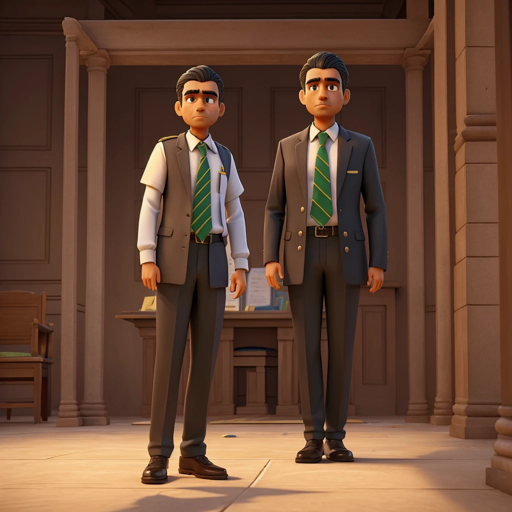 Create a 3D illustration painting depicting a court scene where a person stands accused, uttering the phrase 'to judge that jaj Sahab vah main tha Jisne shikanji p'. Capture the tension and drama of the trial, emphasizing the defendant's assertion amidst the judicial scrutiny and audience reaction 