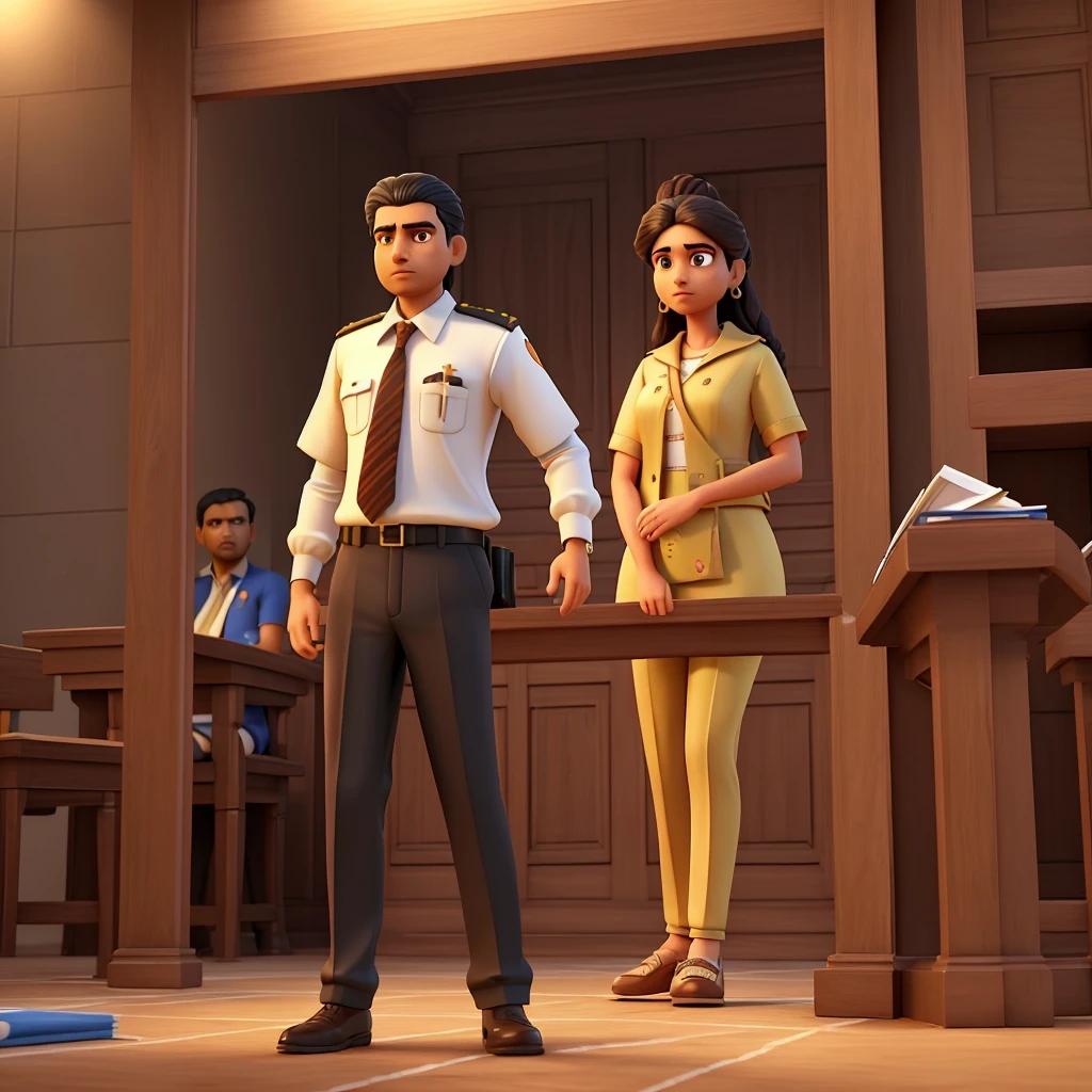 Create a 3D illustration painting depicting a court scene where a person stands accused, uttering the phrase 'to judge that jaj Sahab vah main tha Jisne shikanji p'. Capture the tension and drama of the trial, emphasizing the defendant's assertion amidst the judicial scrutiny and audience reaction 
