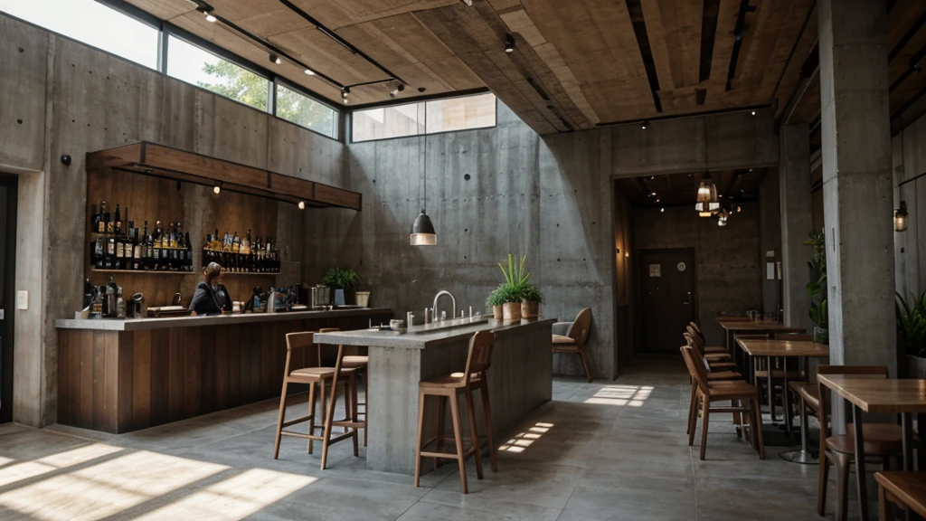 Interior corner atrium of cafe bar with modern concrete rustic, with backdrop of natural light, wall decorated with old effect cement paint, mix with rivendell architecture, concrete hitech interior, atrium corner, beautiful aesthetic design, minimalistic cafe bar in the wood, atrium corner of cafe bar , rustic, filled with natural light, modern earthy neutral earthy, 8k, FHD, Octance Render
