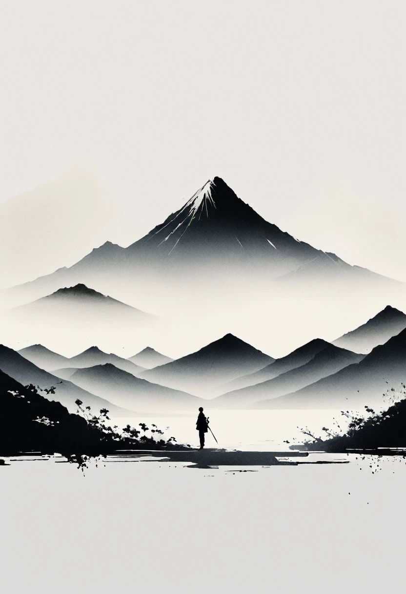Artistic ink painting，Three-dimensional ink painting，Minimalism，Minimalist graphics，Minimal Art，Clean background，古韵White Space，White Space，大面积White Space，Texture Matte，Low saturation，Minimalist composition，Master composition。Mountain，A person far away