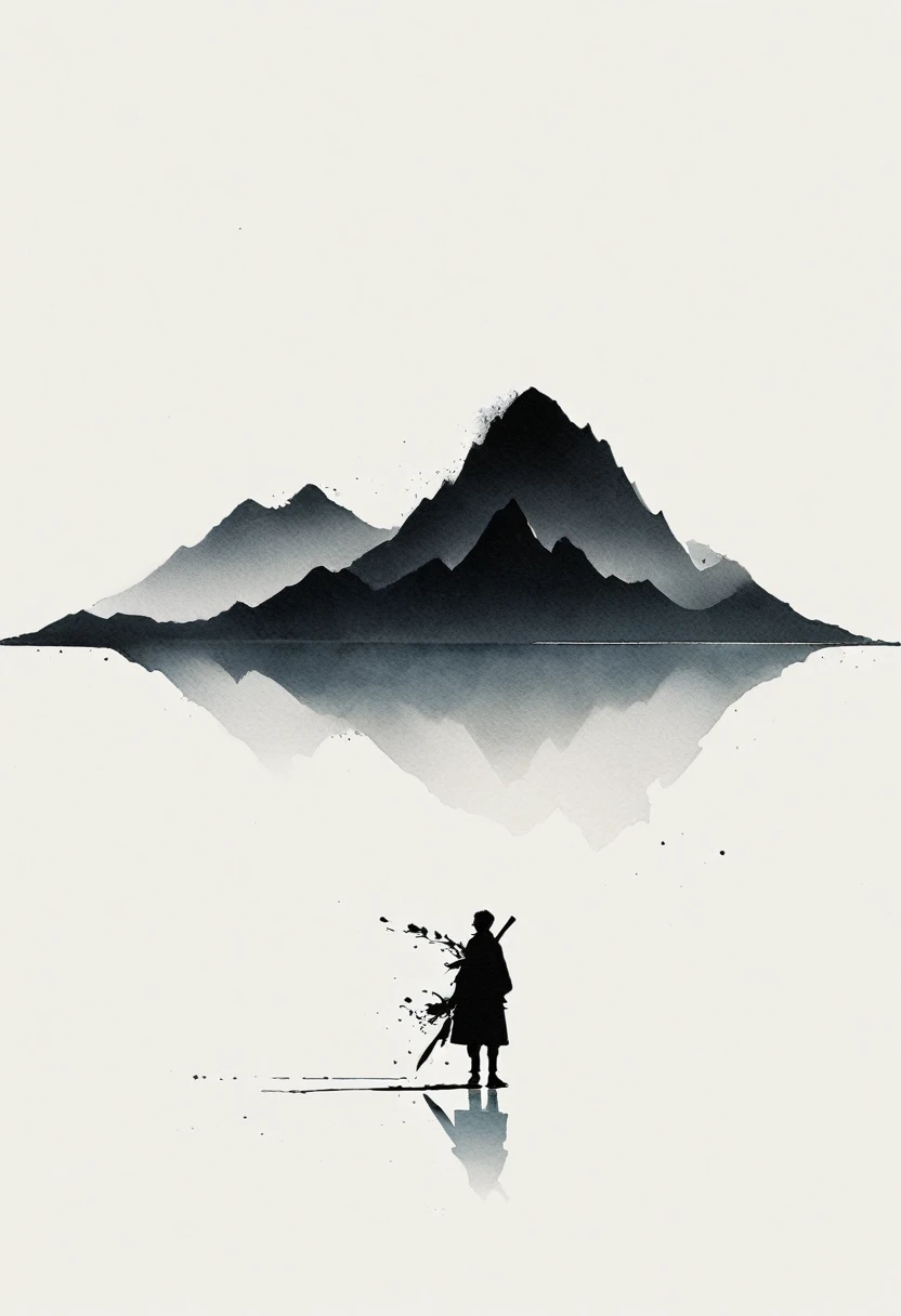 Artistic ink painting,Three-dimensional ink painting,Minimalism,Minimalist graphics,Minimal Art,Clean background,古韵White Space,White Space,大面积White Space,Texture Matte,Low saturation,Minimalist composition,Master composition。Mountain,A person far away
