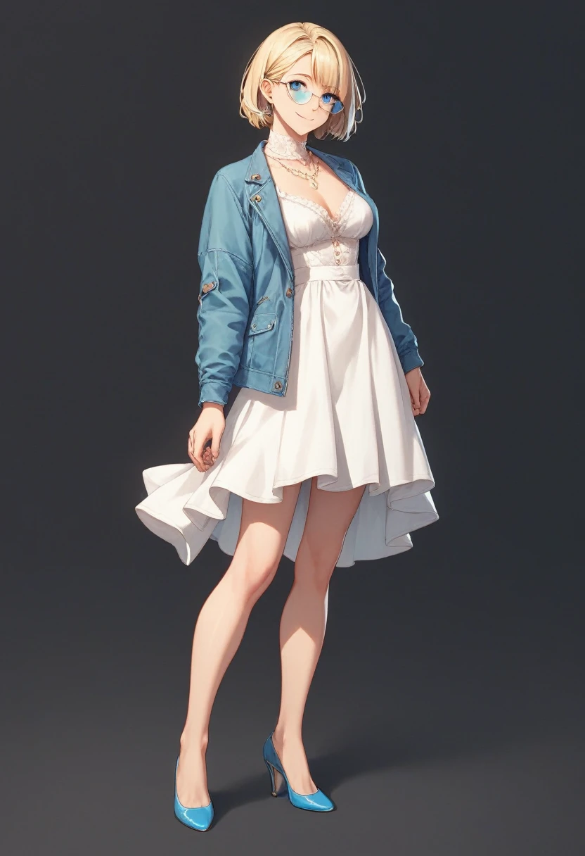 beautiful woman, solo, full body, standing, medium bob cut blonde hair, light blue eyes, two points glasses, medium breasts, blue opened jacket, white blouse, white half skirt, beautiful knee, blue high heels, soft smile, perfect hands with 5 fingers, black background, no background
