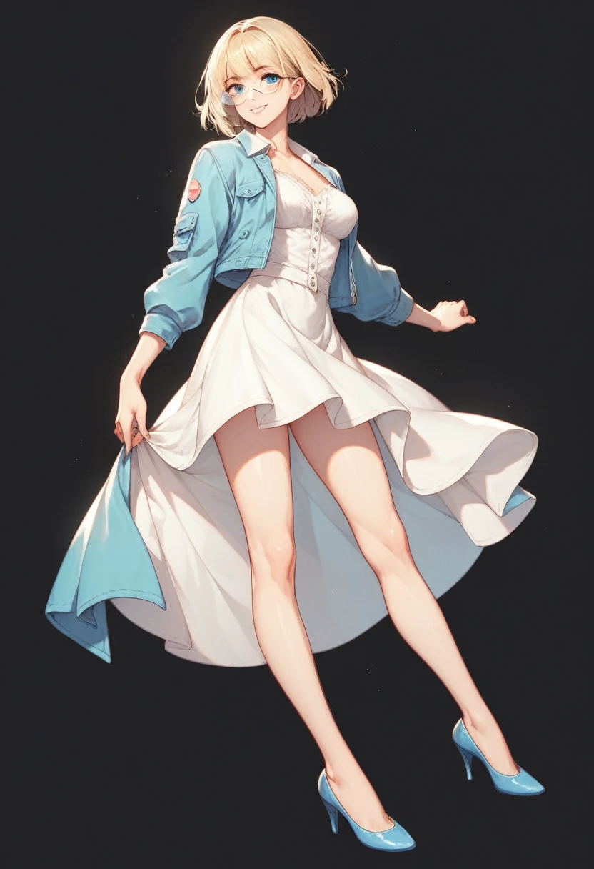 beautiful woman, solo, full body, standing, medium bob cut blonde hair, light blue eyes, two points glasses, medium breasts, blue opened jacket, white blouse, white half skirt, beautiful knee, blue high heels, soft smile, perfect hands with 5 fingers, black background, no background