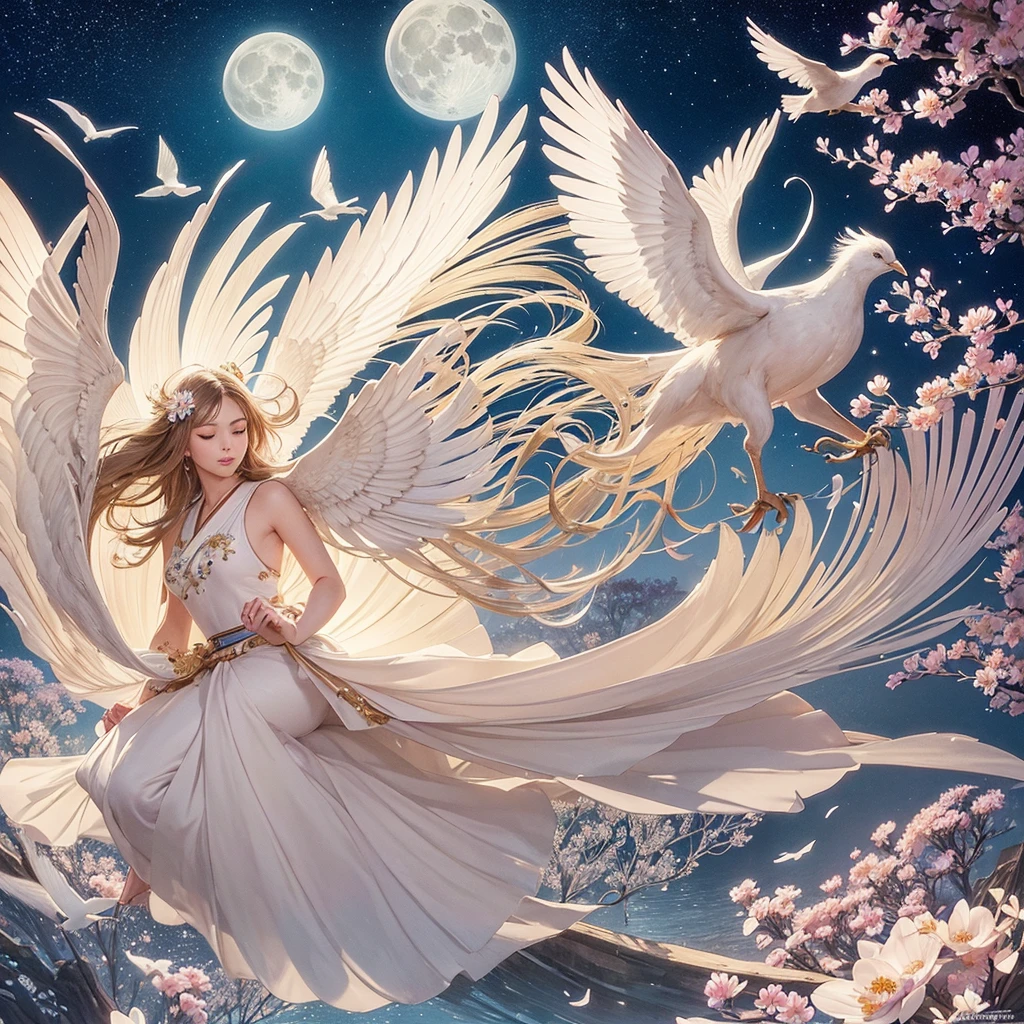 super fine illustration, top quality, blooming flowers, graceful birds, gentle breeze, full moon, tranquil night, detailed petals, soaring birds, flowing wind, moonlit sky, vibrant colors, serene landscape, harmonious nature, intricate details, balanced composition, elegant style, natural beauty, traditional Japanese elements