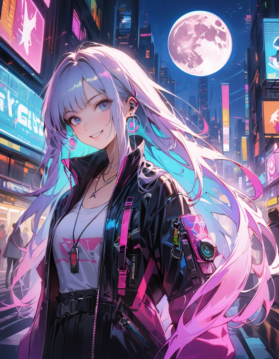 1girl,cyberpunk, Chinese girl, translucent，futuristic city, neon lights, high-tech, digital sky, large moon, flying cars, futuristic dress, glowing earphones, jewelry, necklace, long hair, transparent accessories, dynamic pose, smiling, facing camera, ultra-realistic, high-quality, 8K resolution, detailed, futuristic, modern fashion, traditional elements, glowing jewelry, cyberpunk fashion