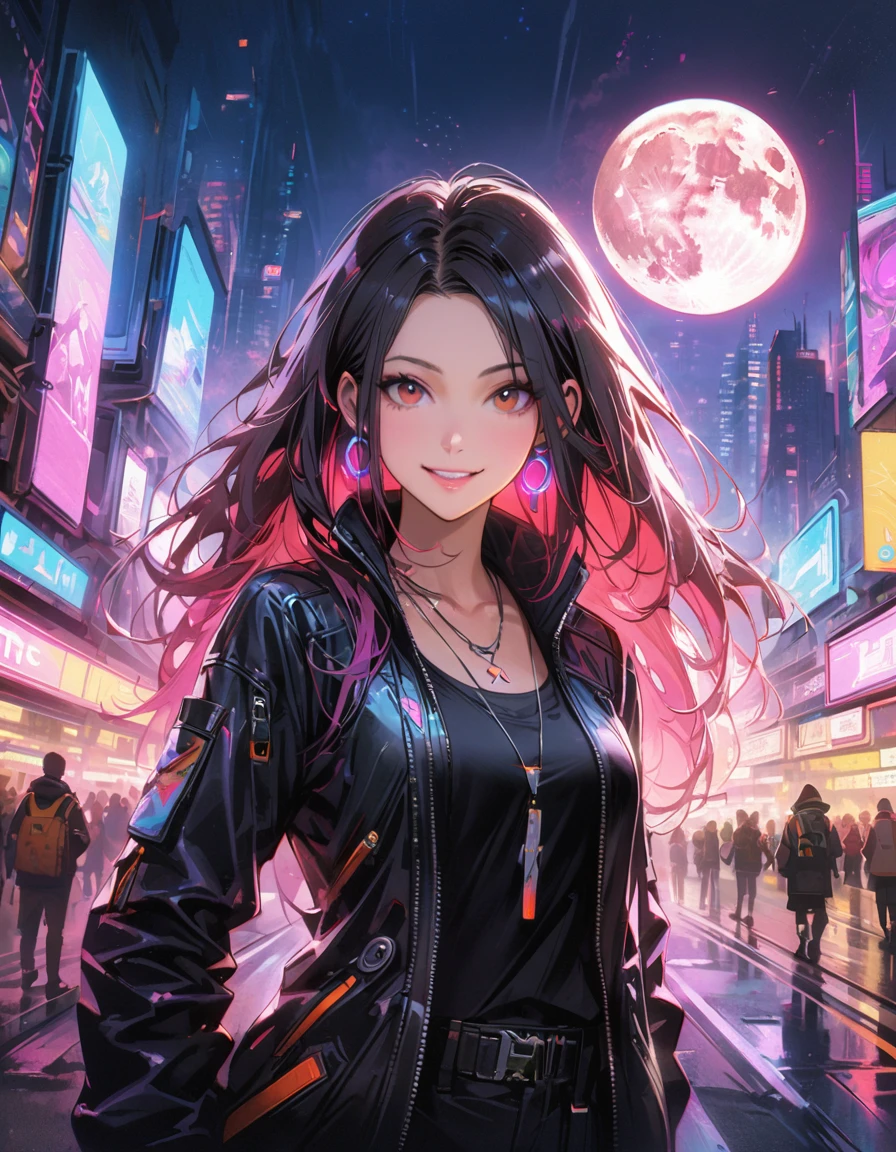 1girl,cyberpunk, Chinese girl, translucent,futuristic city, neon lights, high-tech, digital sky, large moon, flying cars, futuristic dress, glowing earphones, jewelry, necklace, long hair, transparent accessories, dynamic pose, smiling, facing camera, ultra-realistic, high-quality, 8K resolution, detailed, futuristic, modern fashion, traditional elements, glowing jewelry, cyberpunk fashion