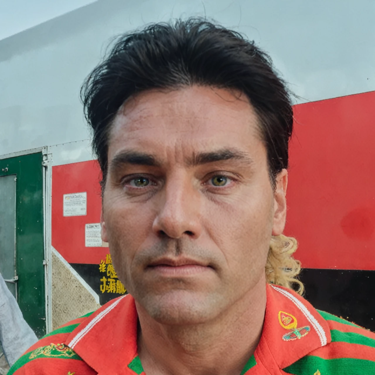 The man has white eyes and long hair.
