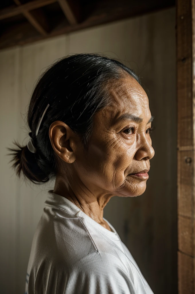 90 year old Indonesian woman wearing sportswear, in a pose looking to the side, portrait from the side of the camera