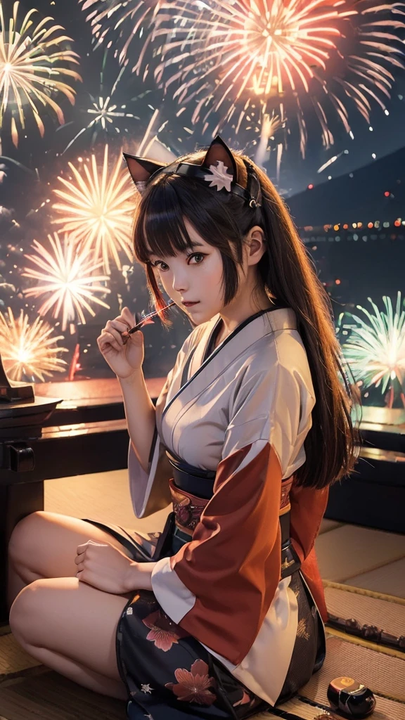 (Japanese idle:1.6), (Cat ears:1.3), yukata, (Fireworks:1.4), Sitting in sunset seashore,