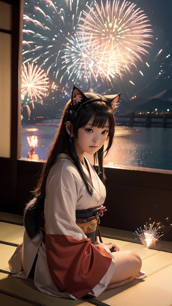 (Japanese idle:1.6), (Cat ears:1.3), yukata, (Fireworks:1.4), Sitting in sunset seashore,