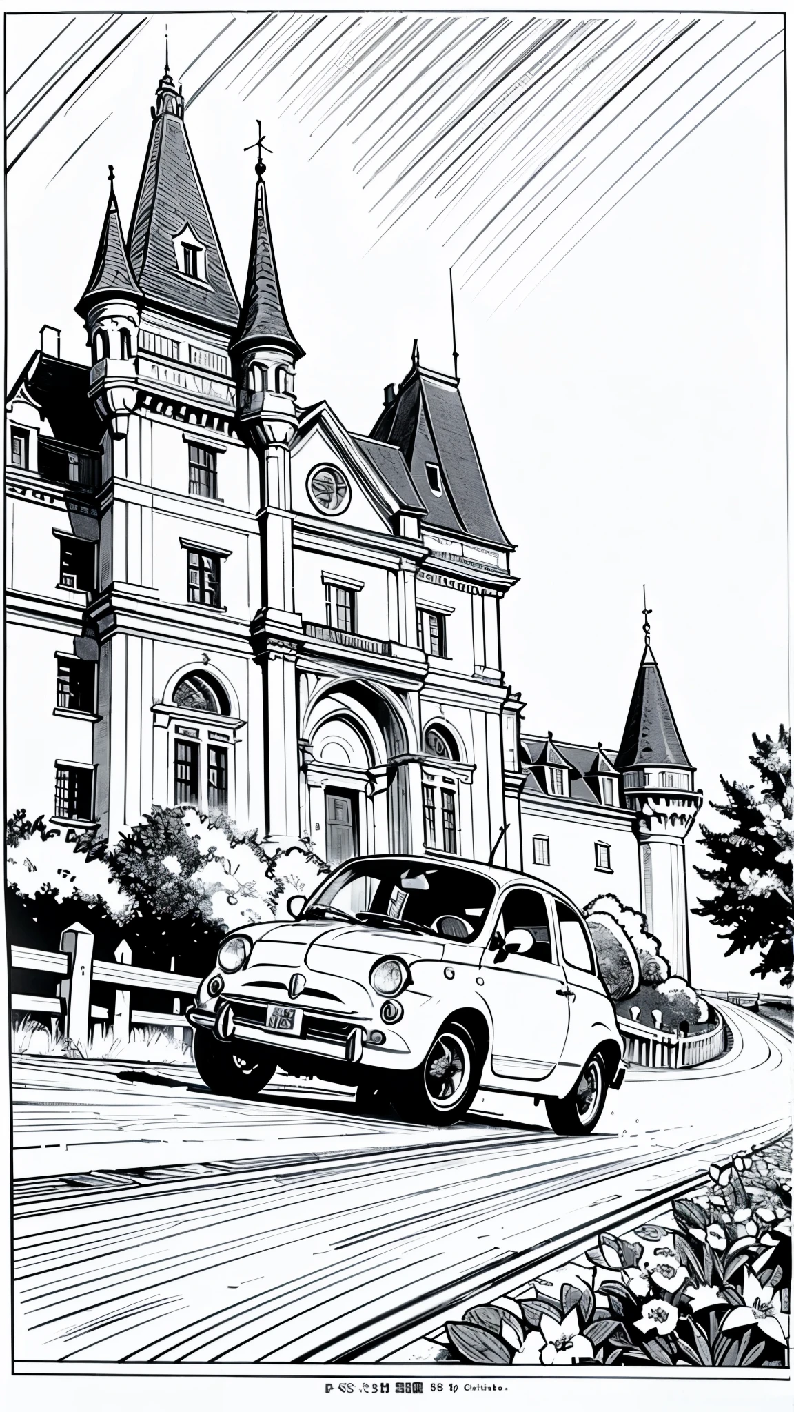 (masterpiece:1.2, Highest quality),(Line art),(Monochrome),(comics),(Very detailed),8K,wallpaper,Fiat 500,Castle of Cagliostro,running