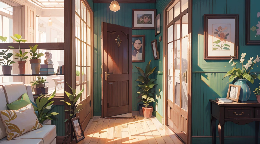 (Masterpiece), Best quality, Ultra-high resolution, detailed structure, Detailed architecture, (Warm pastel colors), indoor，（nobody：1.5）Pull the door frame to see the living room，Behind is the living room, plant, Stamens, indoor。Entrance