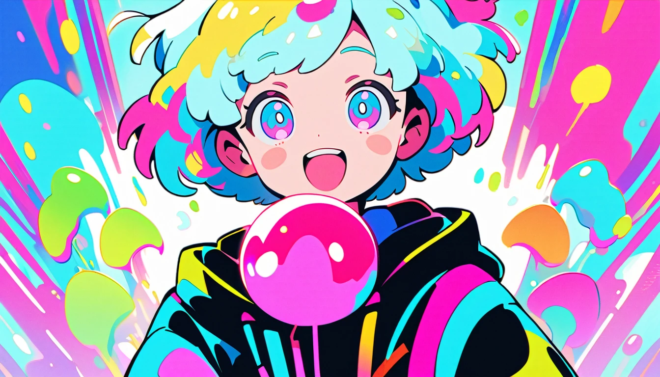 Vibrant art,pop、bright、colorful, 1 male, Light blue hair,　short hair、Happy,cute, animation style, kawaii, clearly, colorful cyberpunk, bubblegum pop, cute、Pink and light blue as main colors、I&#39;m cheering loudly、　Headphonesをしている、Headphones、music、