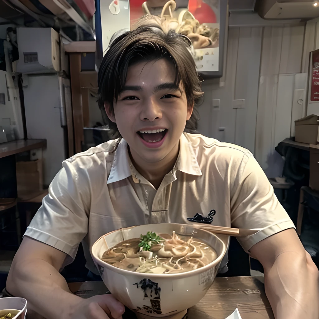 8K, ultra detailed, (realistic:1.2), masterpiece, 30yo, (ramen:1.2), A man wearing a polo shirts, (muscular, fat:1.0), Ramen restaurant ,(laugh:1.3),