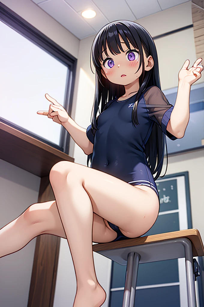 Elementary school girl、8-year-old、Flat Chest、Black Hair、Long Hair、Purple Eyes、Embarrassed look(1 person) Navy blue see-through school swimsuit, school classroom, standing pose, dynamic angle, black gal(Dark Skin:1.2)、(correction:1.1)、(short、small、small:1.2)、(Spread your legs、Open legs、Knee Raising:1.3)、between legs、perineum、