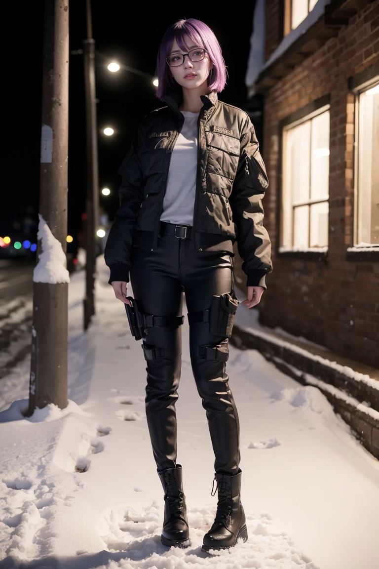 1 girl, beautiful purple hair, blue eyes detailed, wearing glasses, military, wearing military tactical gear, black military jacket, black military pants, plack military boots, winter, night, city, snow, realistic, ultra-detailed, HDR, 4k, full body, realistic lighting and contrast