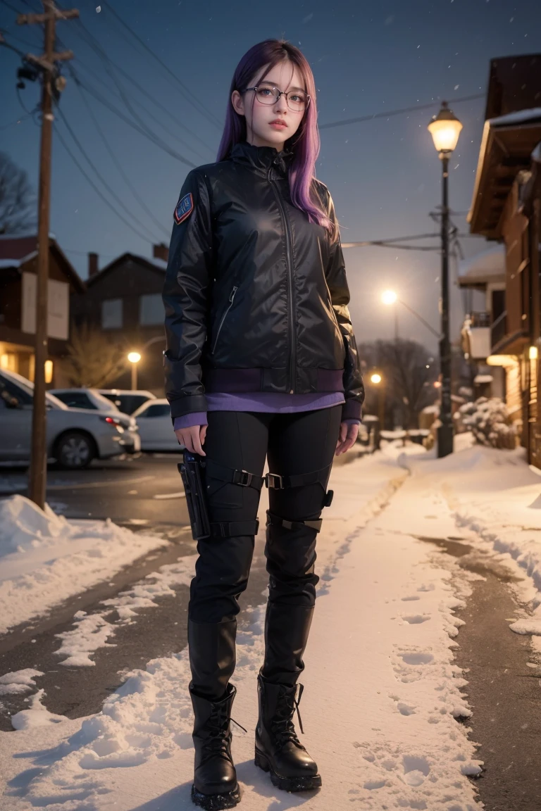 1 girl, beautiful purple hair, blue eyes detailed, wearing glasses, military, wearing military tactical gear, black military jacket, black military pants, plack military boots, winter, night, city, snow, realistic, ultra-detailed, HDR, 4k, full body, realistic lighting and contrast