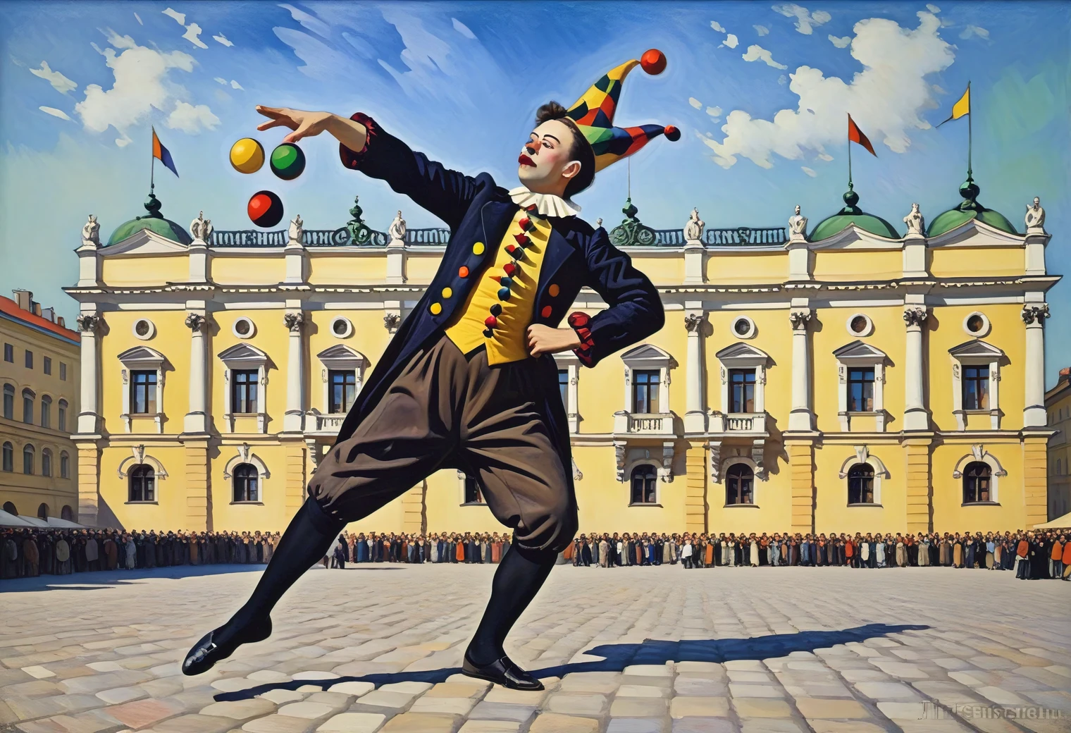 Oil painting on canvas by the artist Vasily Kandinsky, ((jester-juggler)) on the Palace Square of St. Petersburg, the jester (juggling):1.5 multi-colored balls, multi-colored balls rotate around the jester, full compliance with the style of Vasily Kandinsky