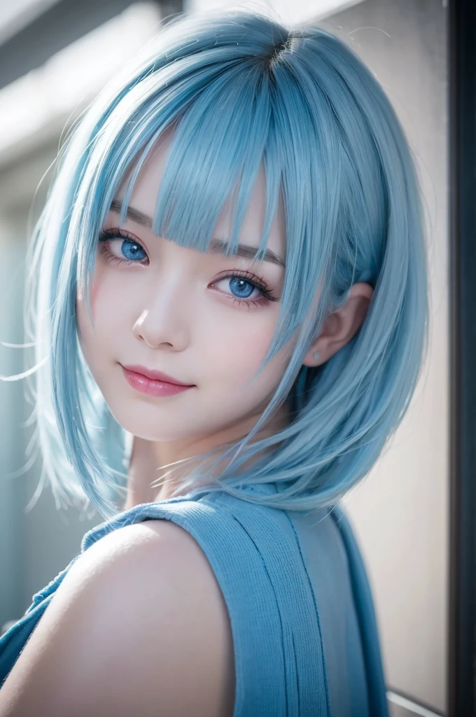 (masterpiece), (best quality), Ultra-high resolution, Raw photo, A photo-realistic, super cute woman, 1girl, (perfect face:1.2), (beautiful face:1.2), pale blue hair, short hair, (from under, upper body:1.3), happy, light smile, looking at viewer, pose, sheer turtleneck shirt, sleeveless shirt, outdoors, night time, intricate, depth of field, cinematic lighting,